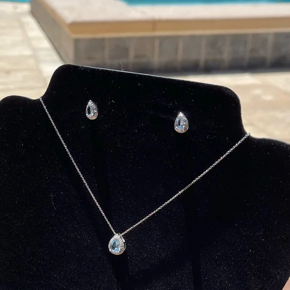 Blue Topaz,Diamonds & Silver Necklace w/Pendant & Pierced Earrings - Picture 6 of 14